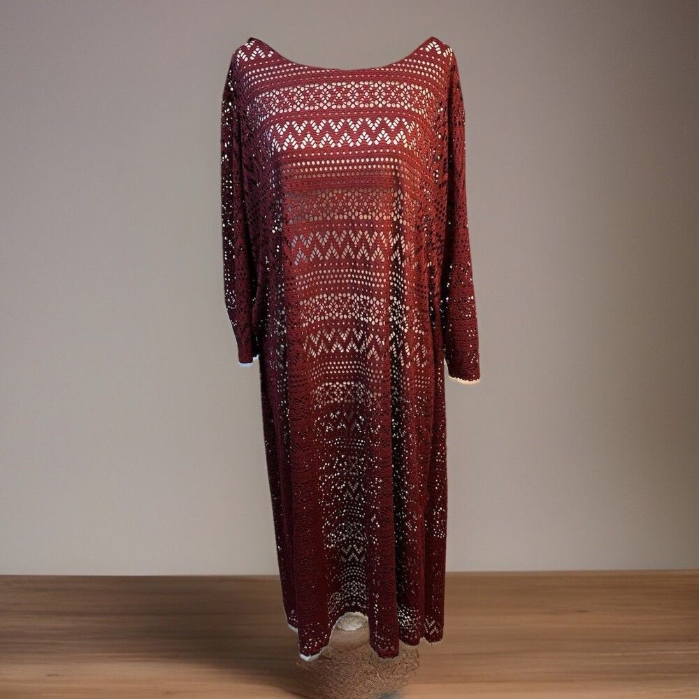 CATO Sheer Eyelet Lace Layering Maxi Top Whimsical Fairycore Maroon Size 18/20W